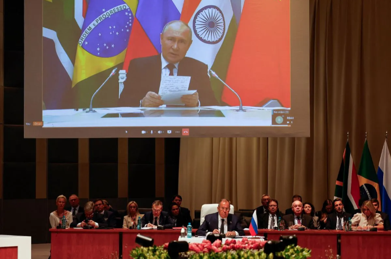 Russia's Foreign Minister Sergei Lavrov attends the plenary session as Russian President Vladimir Putin delivers his remarks virtually during the 2023 BRICS Summit at the Sandton Convention Centre in Johannesburg, South Africa on August 23, 2023. GIANLUIGI GUERCIA/Pool via REUTERS (via REUTERS/POOL)