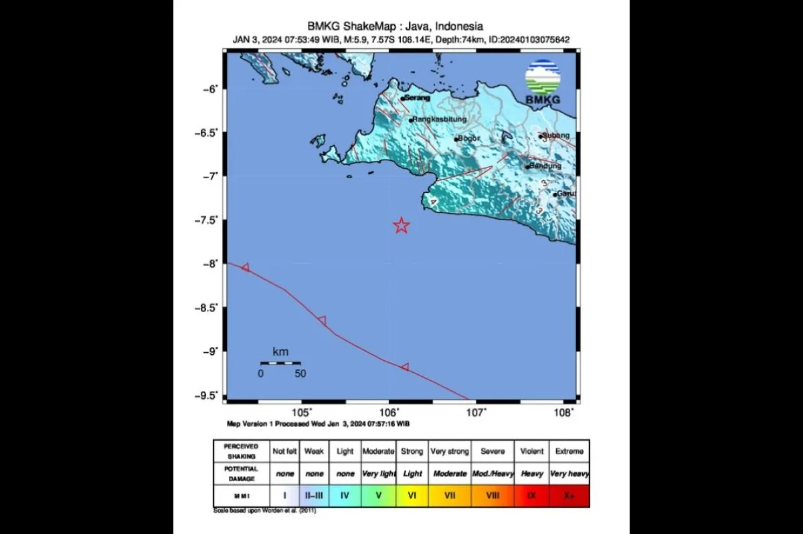 Peta pusat gempa dengan kekuatan magnitudo 5,9 di Selatan Jawa Barat, Rabu (3/1/2024). (ANTARA/HO-BMKG)